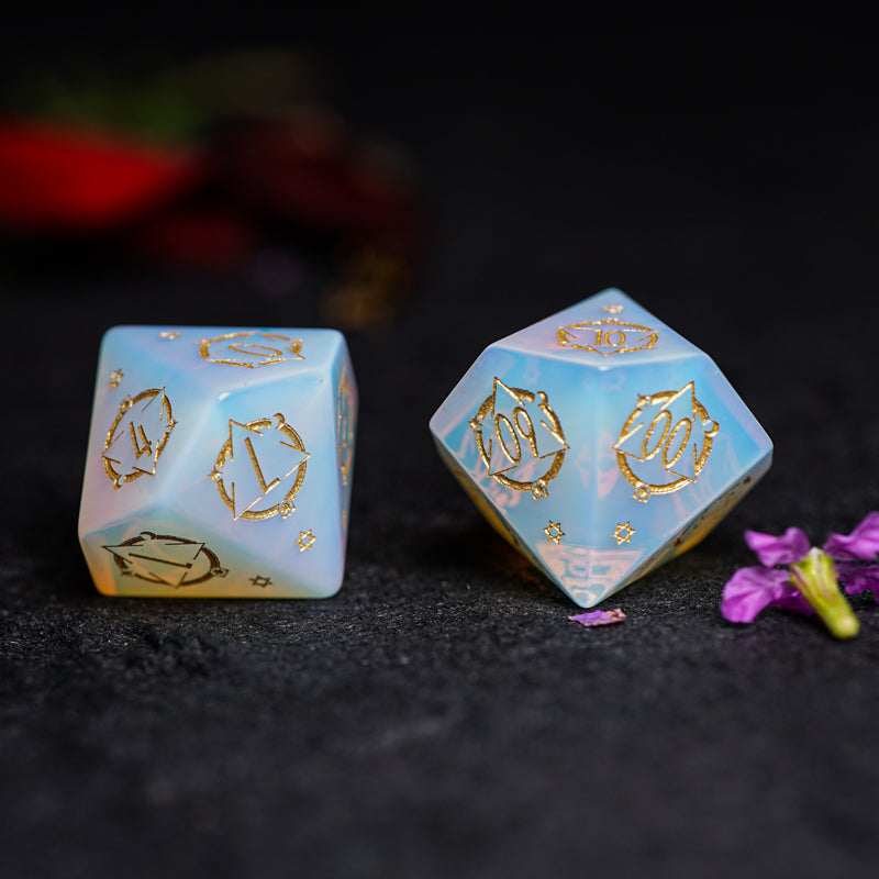 Celestial Palace · Iris’ Rainbow Opal Engraved Gemstone Dice Set