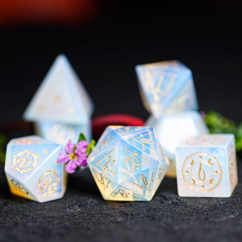 Celestial Palace · Iris’ Rainbow Opal Engraved Gemstone Dice Set