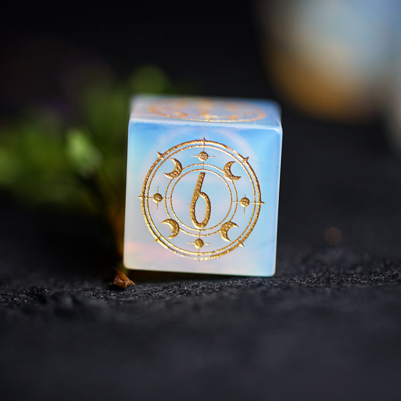 Celestial Palace · Iris’ Rainbow Opal Engraved Gemstone Dice Set