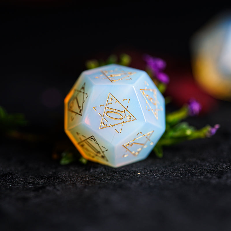 Celestial Palace · Iris’ Rainbow Opal Engraved Gemstone Dice Set