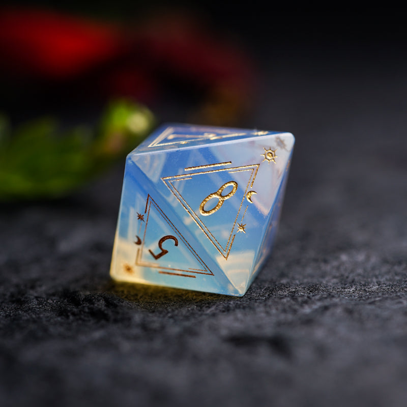 Celestial Palace · Iris’ Rainbow Opal Engraved Gemstone Dice Set