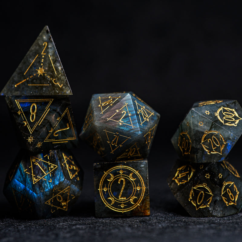 Celestial Palace · Zeus's Gallery Labradorite Engraved Gemstone Dice Set