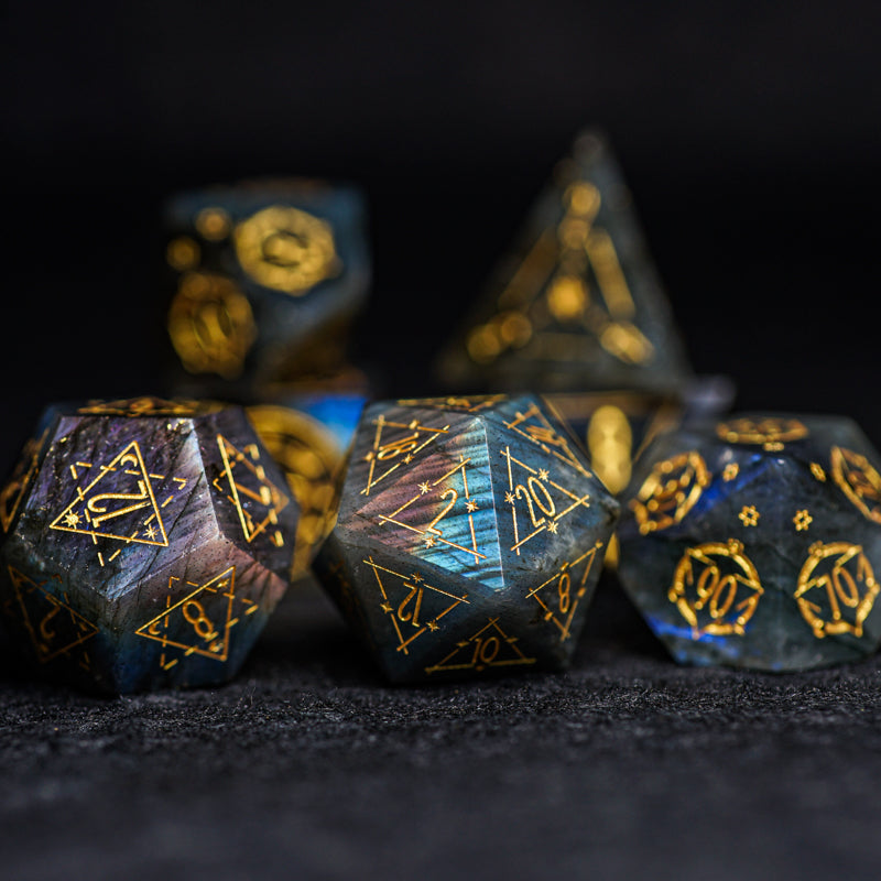 Celestial Palace · Zeus's Gallery Labradorite Engraved Gemstone Dice Set