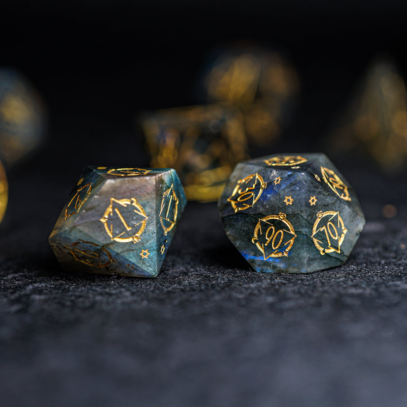Celestial Palace · Zeus's Gallery Labradorite Engraved Gemstone Dice Set