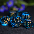 Celestial Palace · Tears of Poseidon · Blue Zircon Engraved Glass Dice Set