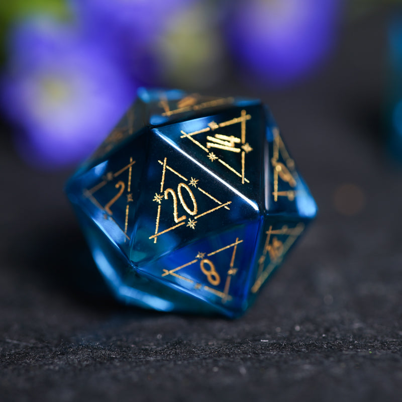 Celestial Palace · Tears of Poseidon · Blue Zircon Engraved Glass Dice Set