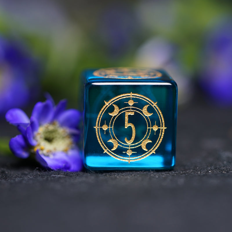 Celestial Palace · Tears of Poseidon · Blue Zircon Engraved Glass Dice Set