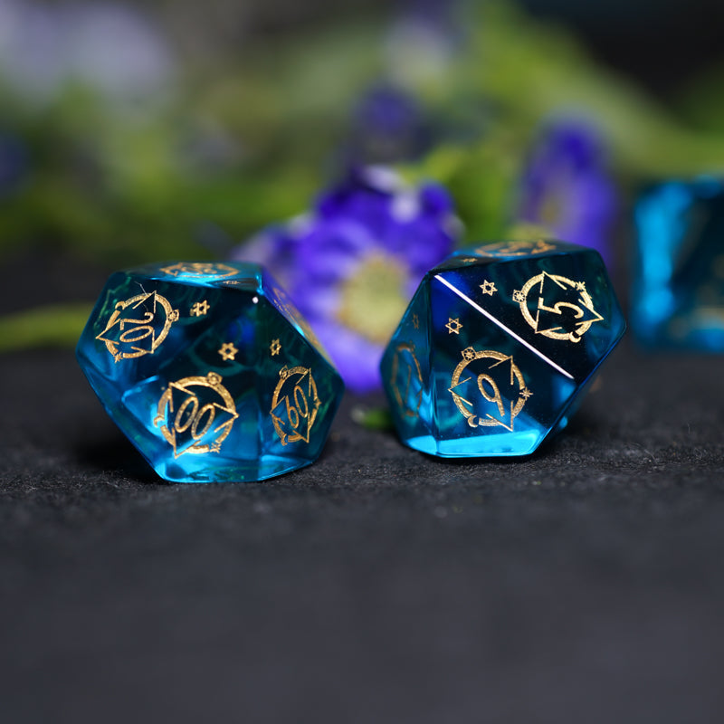 Celestial Palace · Tears of Poseidon · Blue Zircon Engraved Glass Dice Set
