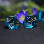 Celestial Palace · Tears of Poseidon · Blue Zircon Engraved Glass Dice Set