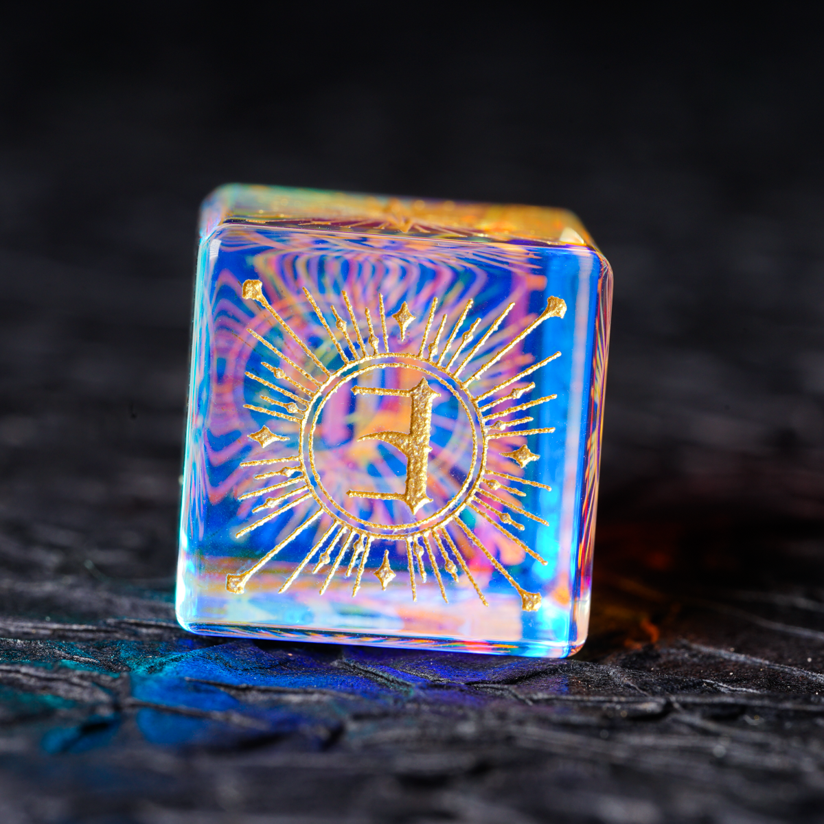 Iridescent Engraved Dichroic Prism Glass Dice Set