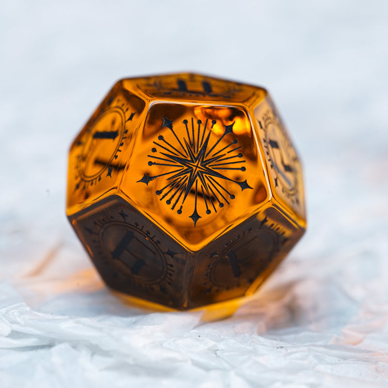 Temporal Singularity Orange Zircon Engraved Gemstone Dice Set