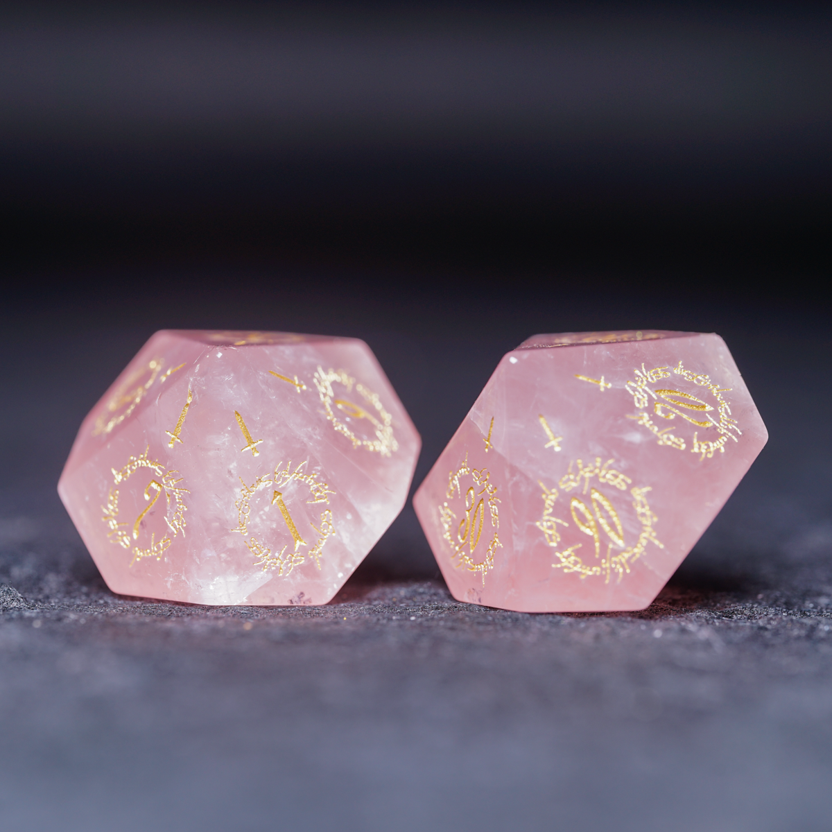 Elven Whisper Natural Rose Quartz Engraved Gemstone Dice Set