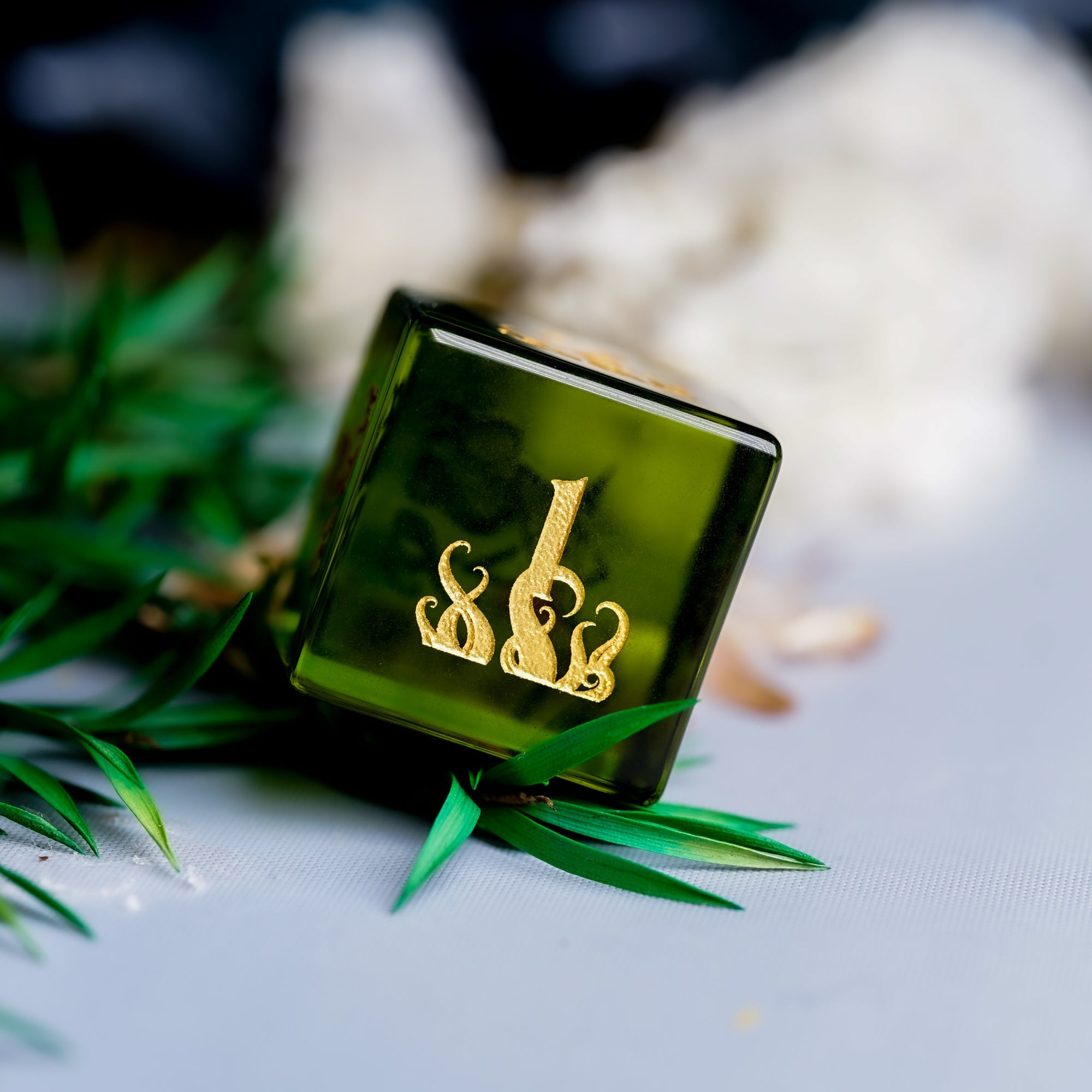 Cthulhu’s Touch · Peridot Engraved Gemstone Dice Set