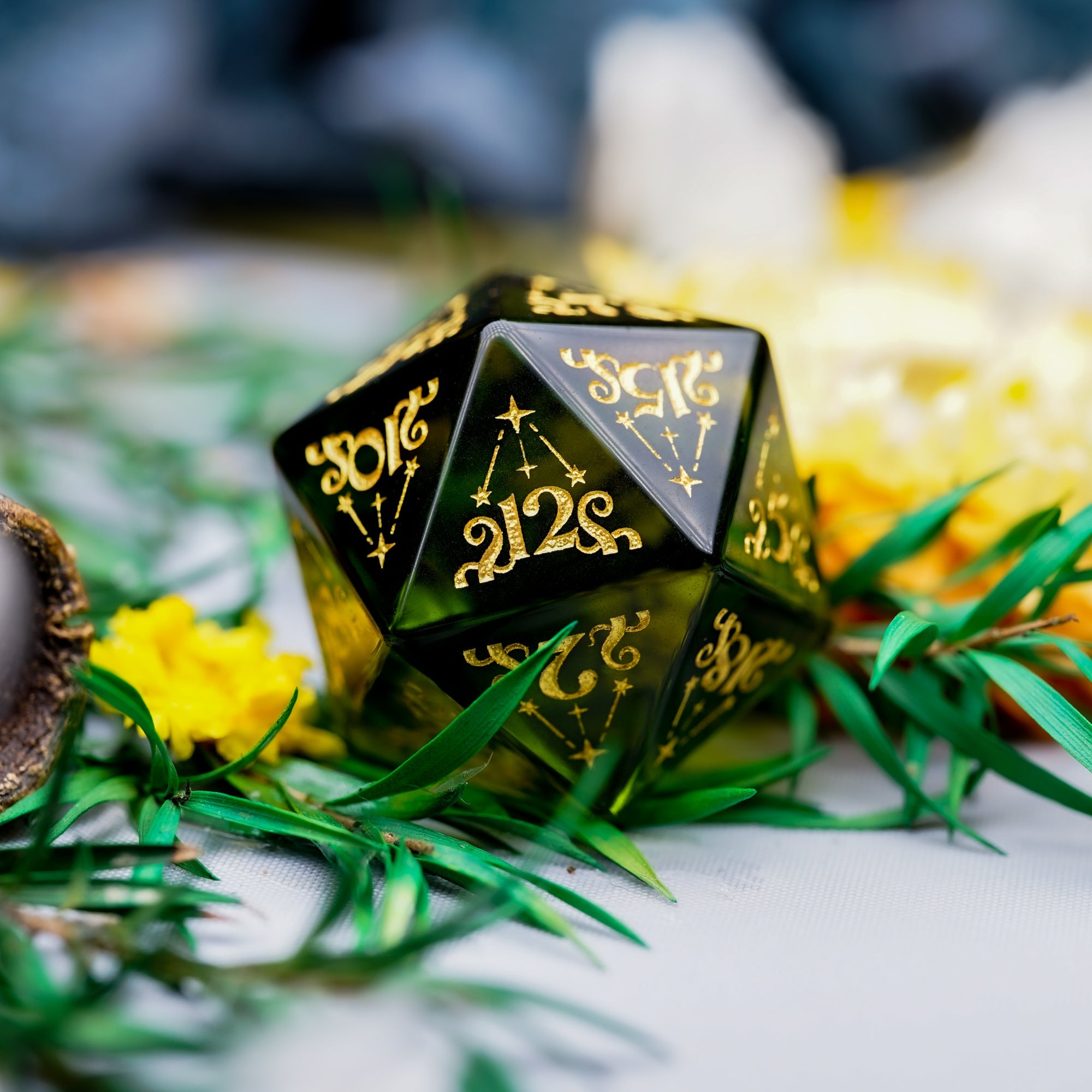 Cthulhu’s Touch · Peridot Engraved Gemstone Dice Set