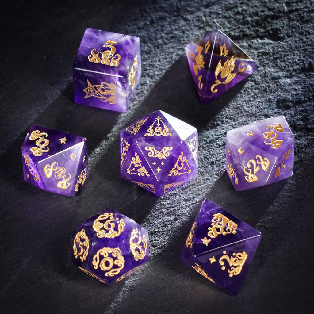 Dreaming Mirage · Amethyst Engraved Gemstone Dice Set