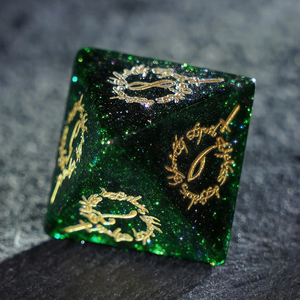 Scarlet Witch · Emerald Hex Green Goldstone Engraved Gemstone Dice Set