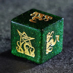 Cthulhu's Touch · Emerald Abyss Green Goldstone Engraved Gemstone Dice Set