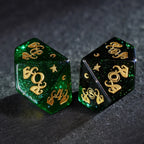 Cthulhu's Touch · Emerald Abyss Green Goldstone Engraved Gemstone Dice Set