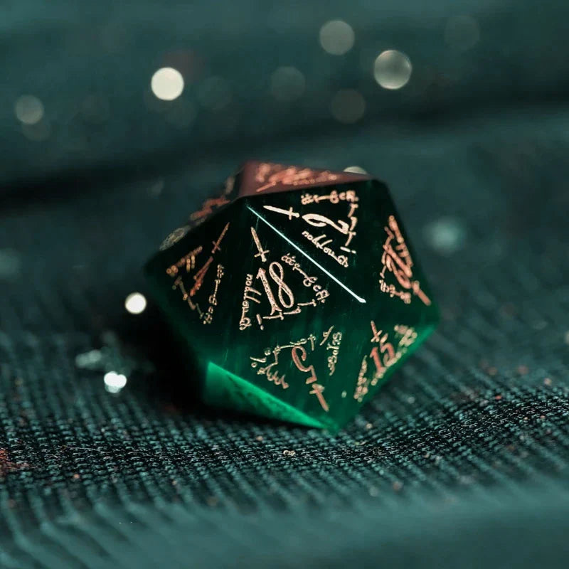 Midnight Seer · Emerald Cat’s Eye Engraved Gemstone Dice Set