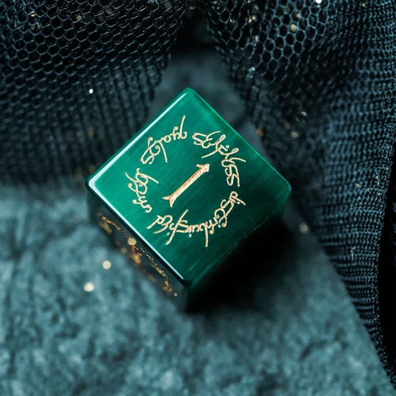 Midnight Seer · Emerald Cat’s Eye Engraved Gemstone Dice Set