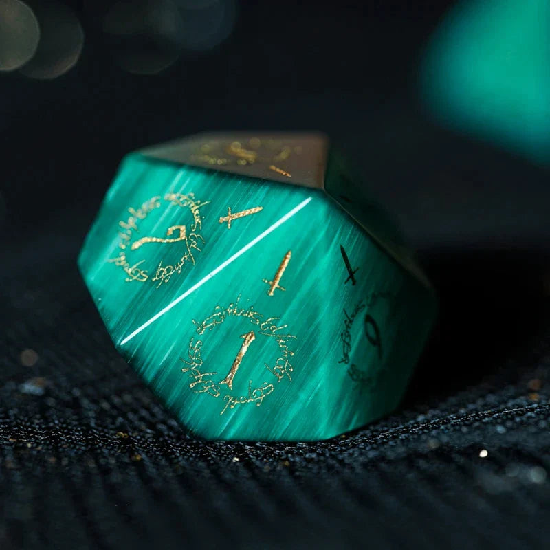 Midnight Seer · Emerald Cat’s Eye Engraved Gemstone Dice Set