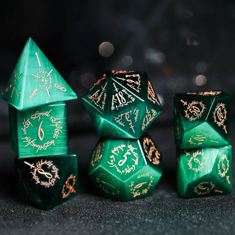 Midnight Seer · Emerald Cat’s Eye Engraved Gemstone Dice Set
