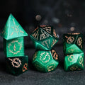 Midnight Seer · Emerald Cat’s Eye Engraved Gemstone Dice Set