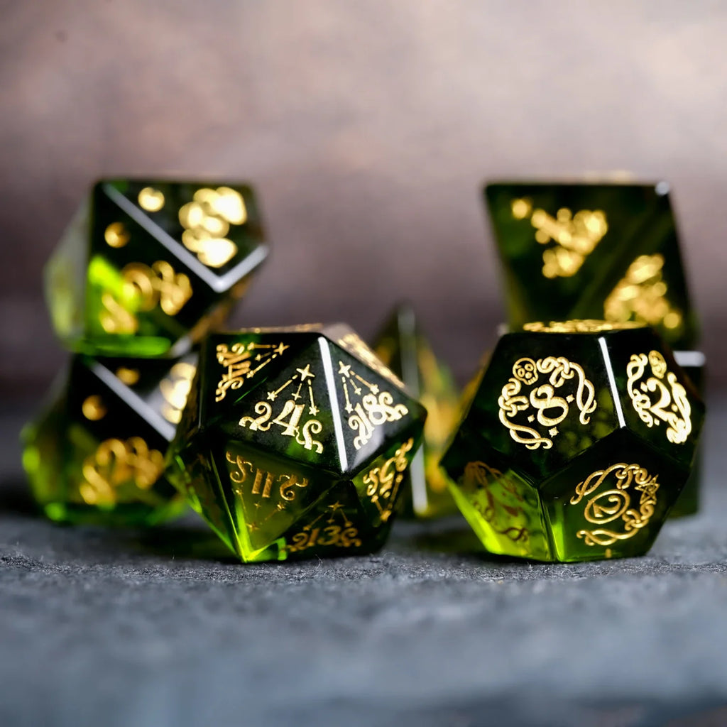 Cthulhu’s Touch · Peridot Engraved Gemstone Dice Set