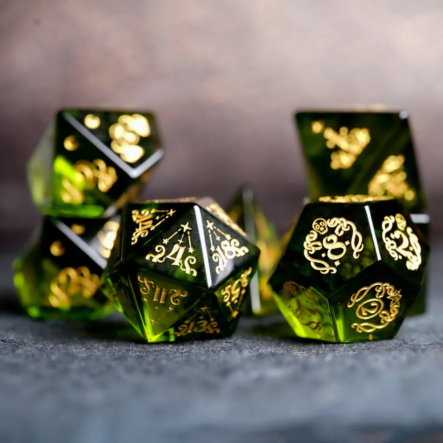 Cthulhu’s Touch · Peridot Engraved Gemstone Dice Set