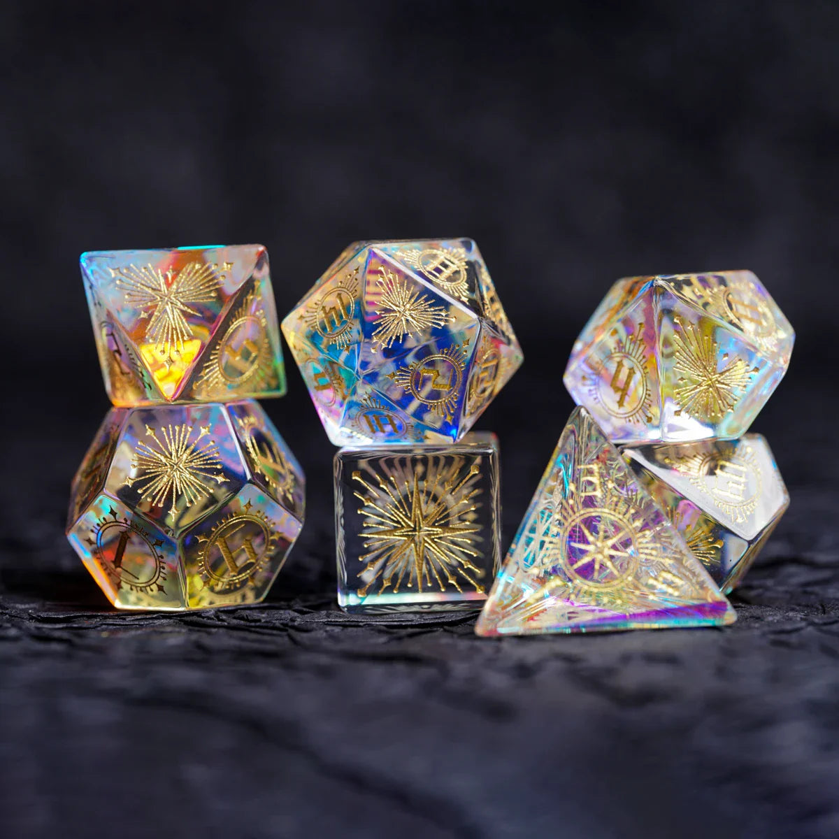 Iridescent Engraved Dichroic Prism Glass Dice Set