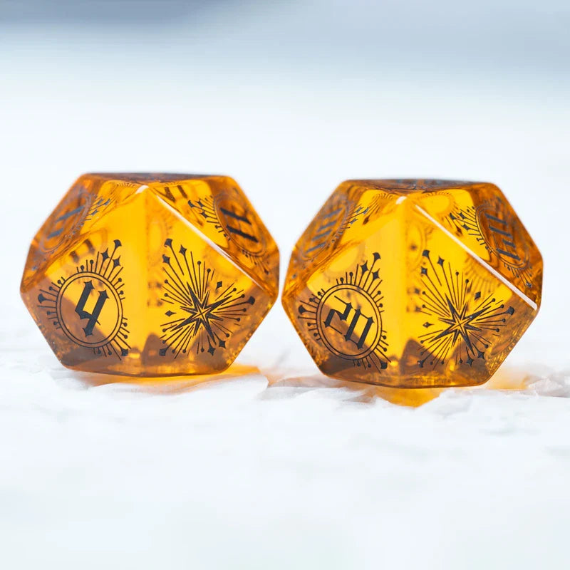 Temporal Singularity Orange Zircon Engraved Gemstone Dice Set