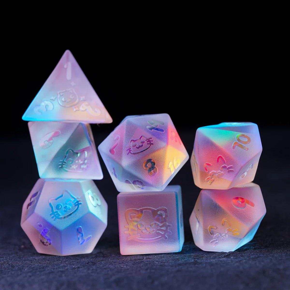 Kitty Engraved Dichroic Prism K9 Glass Dice Set
