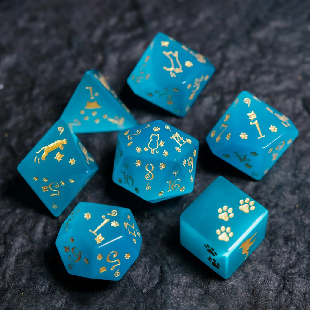 Aurora’s Cloud Chase · Light Blue Cat’s Engraved Gemstone Dice Set