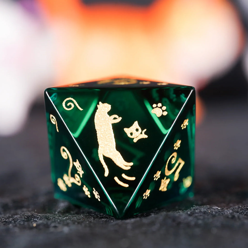 Aurora’s Forest Stroll · Dark Green Engraved Glass Dice Set