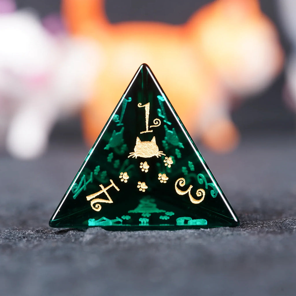 Aurora’s Forest Stroll · Dark Green Engraved Glass Dice Set
