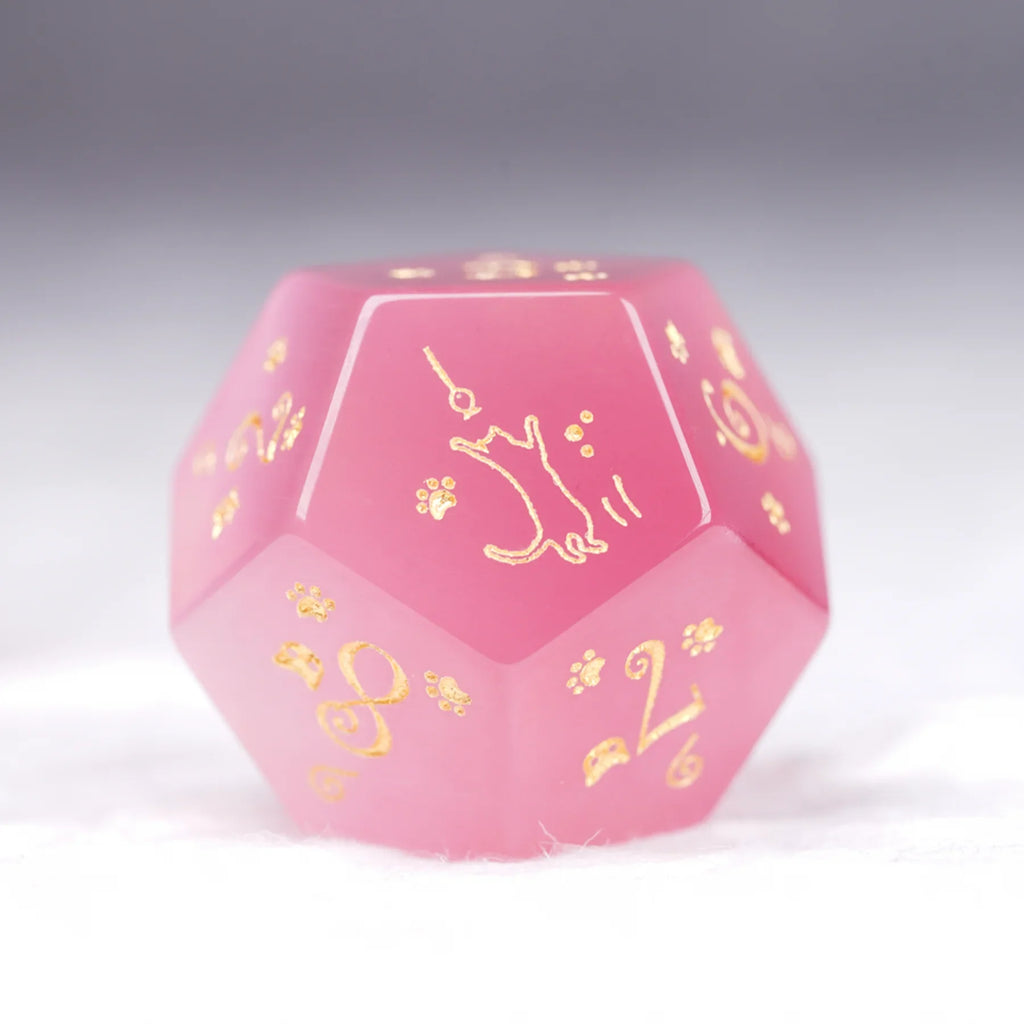 Aurora’s Sweet Nap · Pink Cat’s Eye Engraved Gemstone Dice Set