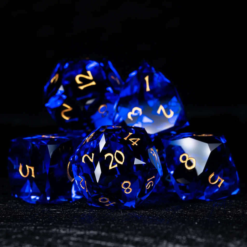 Blue Multi-faceted Prism Glass Engraved Dice Set