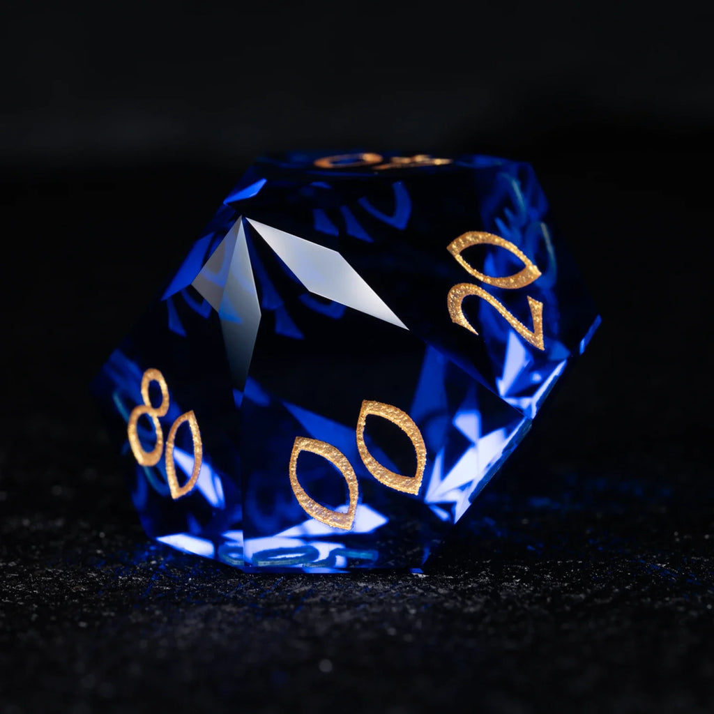 Blue Multi-faceted Prism Glass Engraved Dice Set