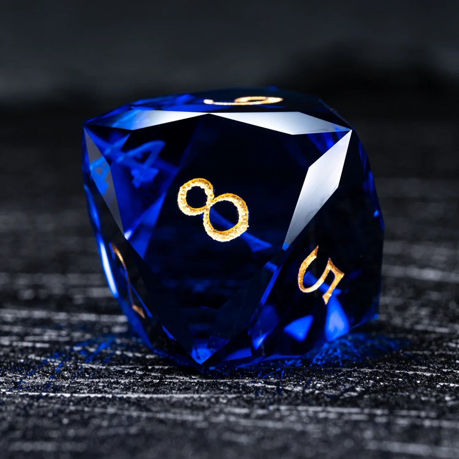 Blue Multi-faceted Prism Glass Engraved Dice Set
