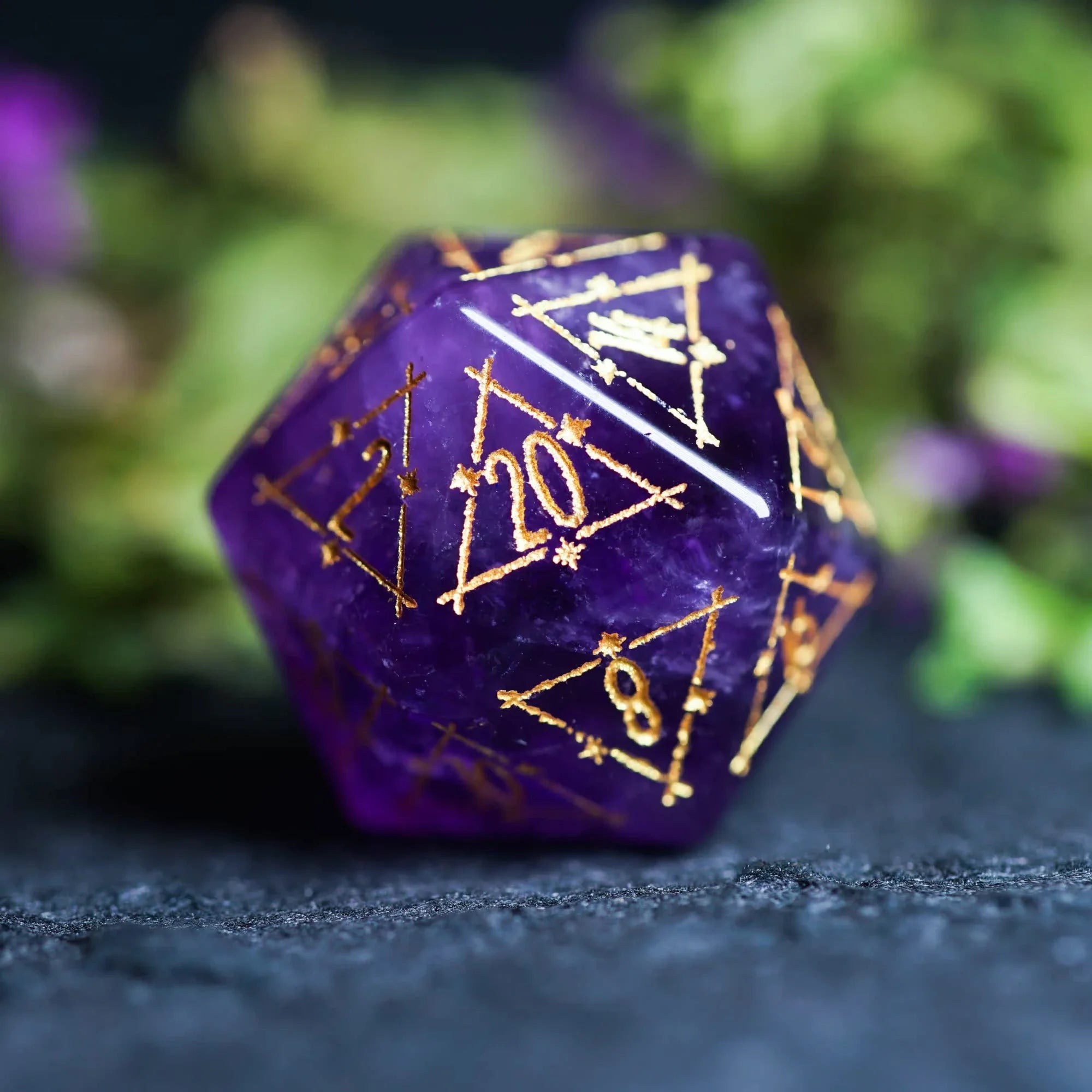 Celestial Palace · Reveler’s Dream · Amethyst Engraved Dice Set