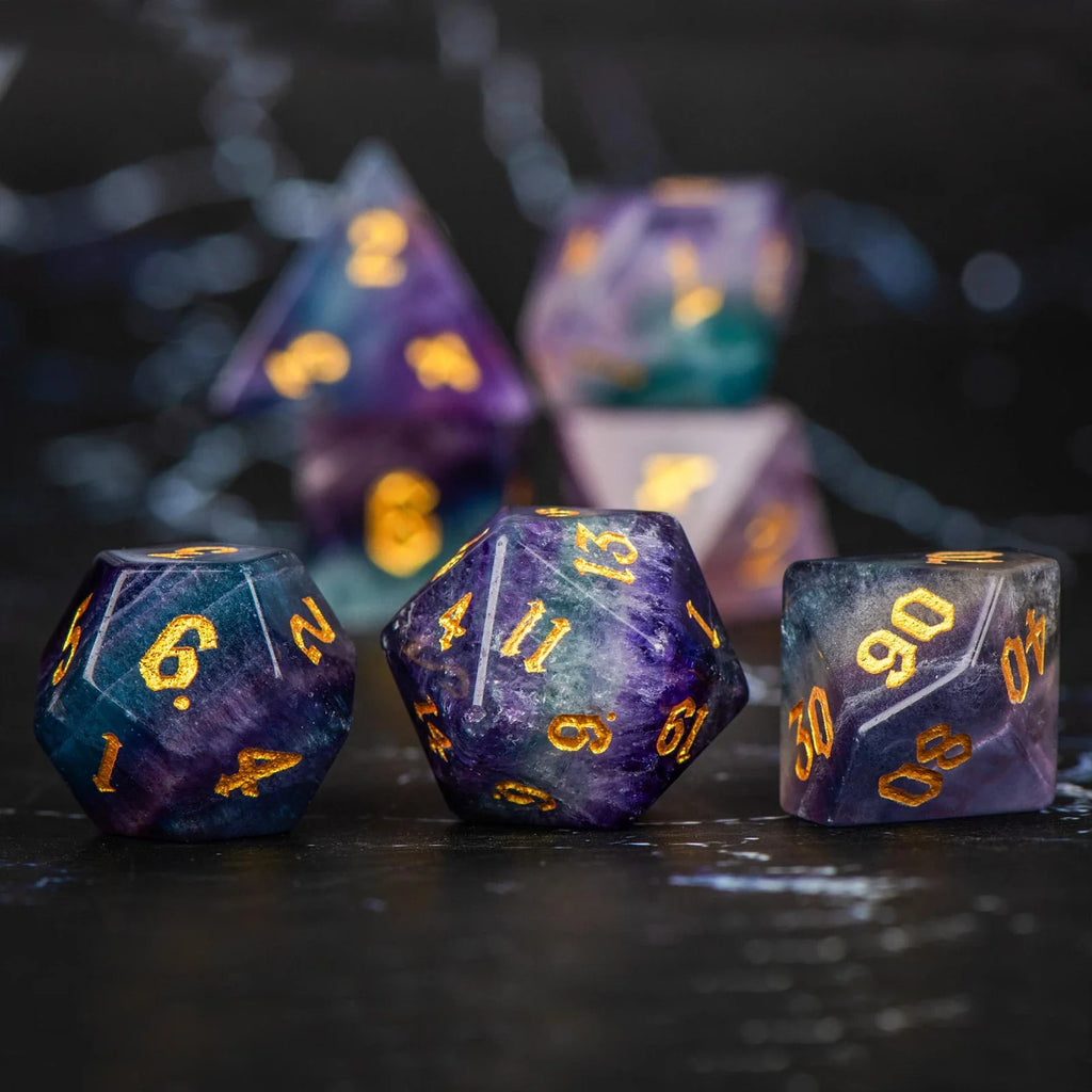 DND Colorful Fluorite Gemstone Engraved Dice Set