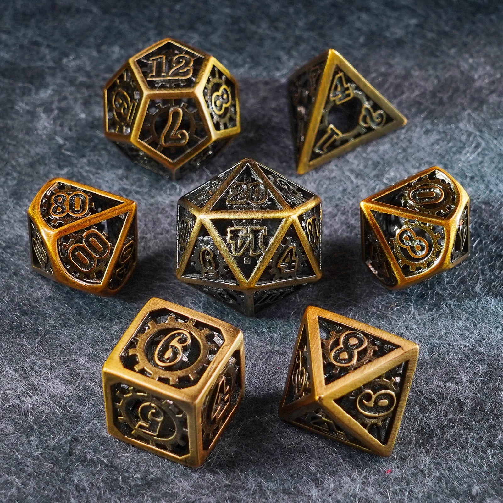Chronomancer Gold Hollowed Metal Dice Set