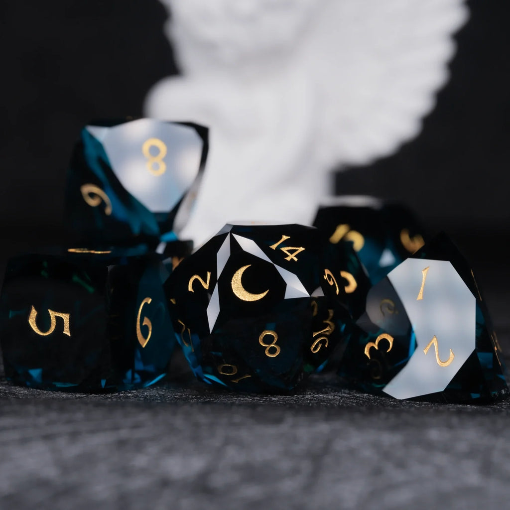 Dark Blue Multi-faceted Prism Glass Engraved Dice Set