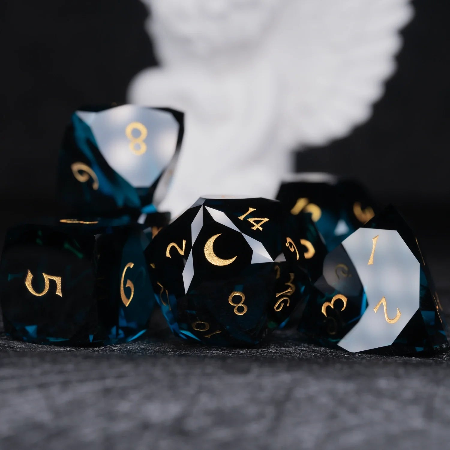 Dark Blue Multi-faceted Prism Glass Engraved Dice Set