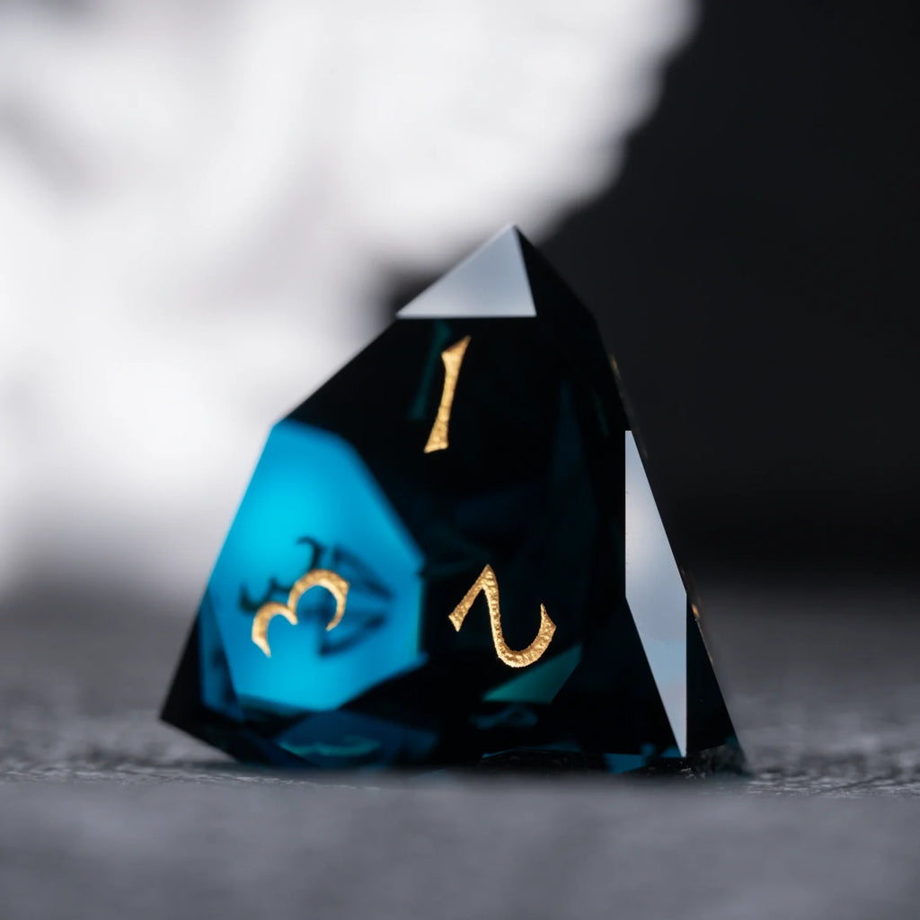 Dark Blue Multi-faceted Prism Glass Engraved Dice Set