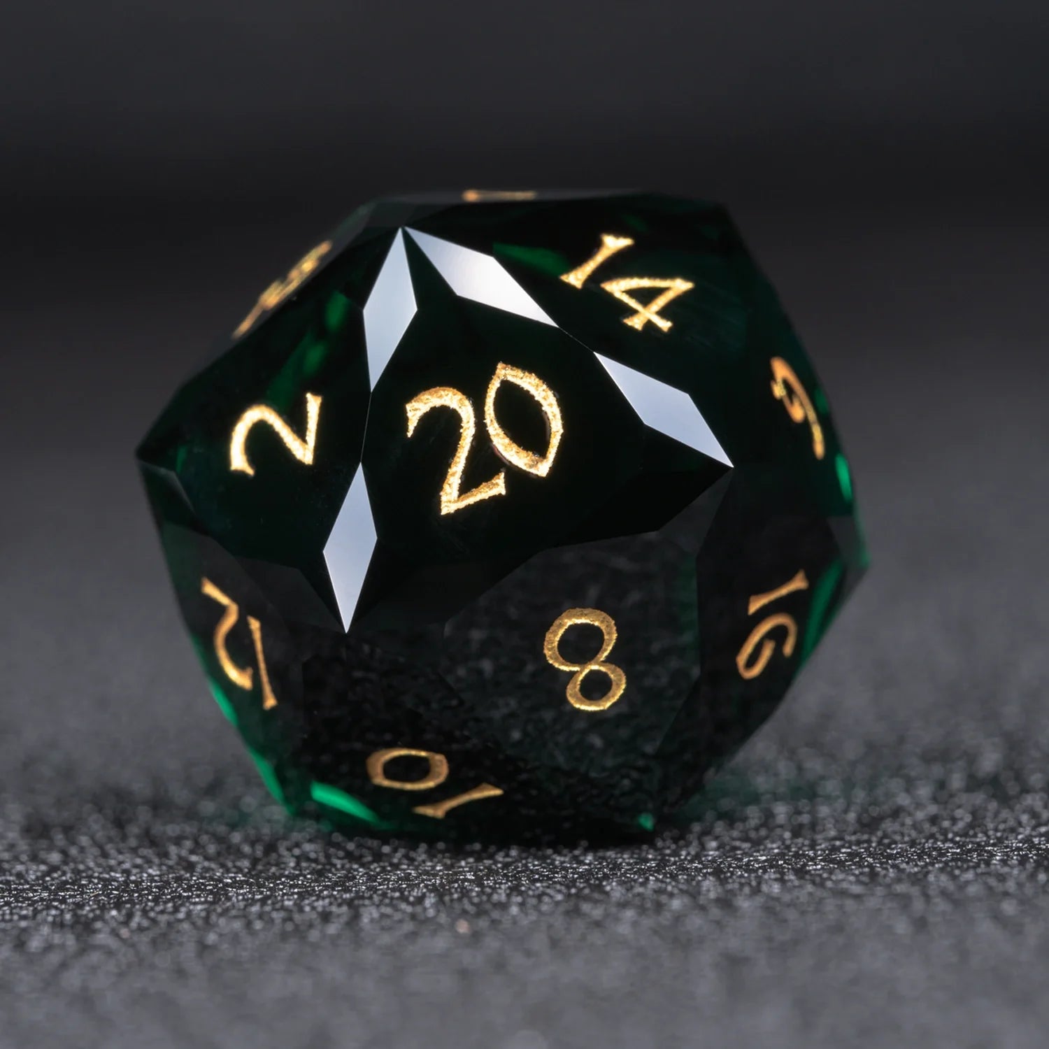 Deep Green Multi-faceted Prism Glass Engraved Dice Set