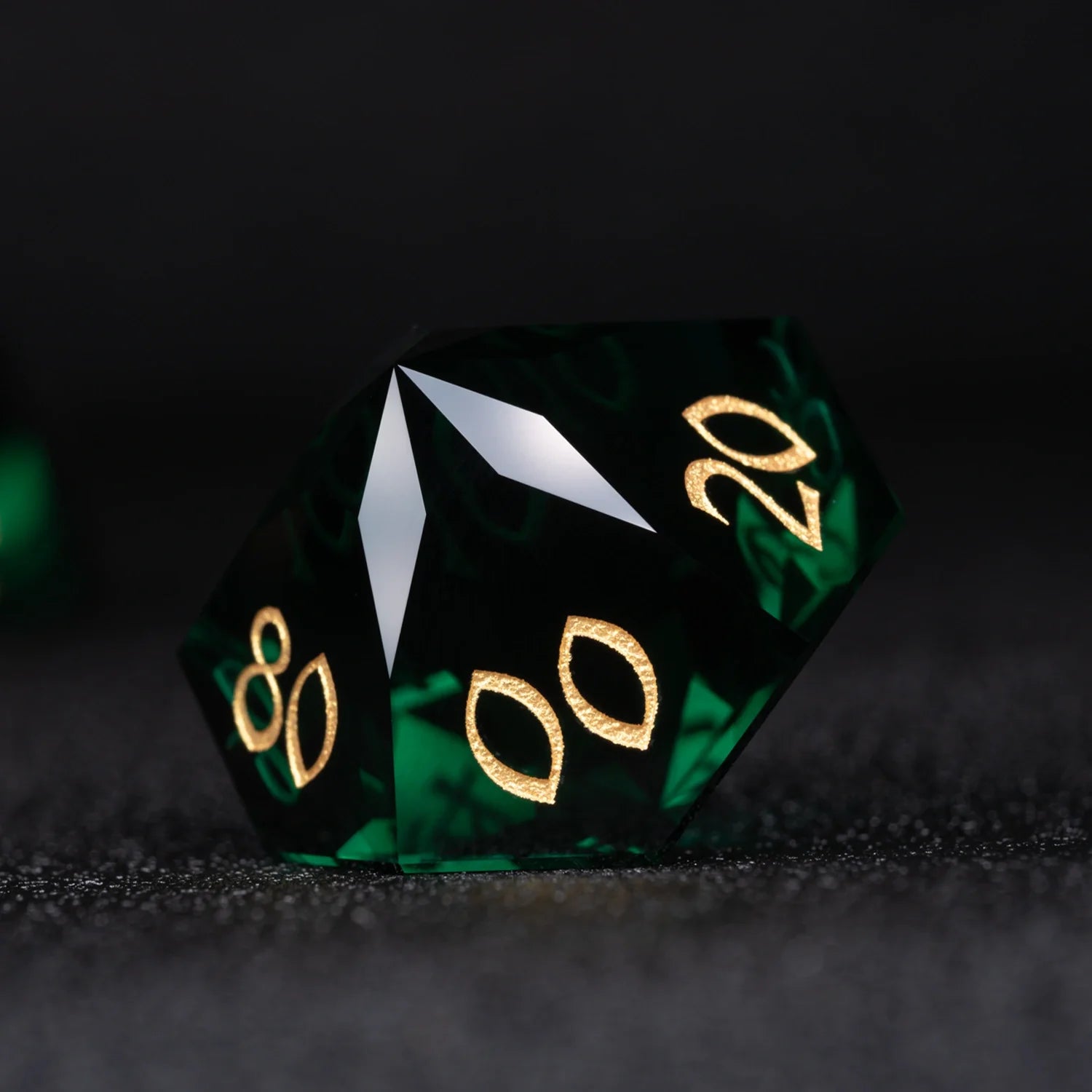 Deep Green Multi-faceted Prism Glass Engraved Dice Set