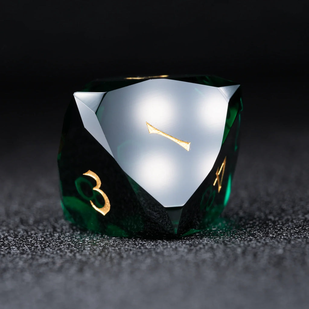 Deep Green Multi-faceted Prism Glass Engraved Dice Set