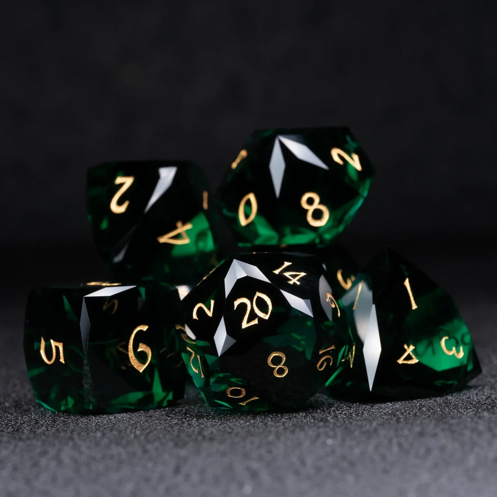 Deep Green Multi-faceted Prism Glass Engraved Dice Set