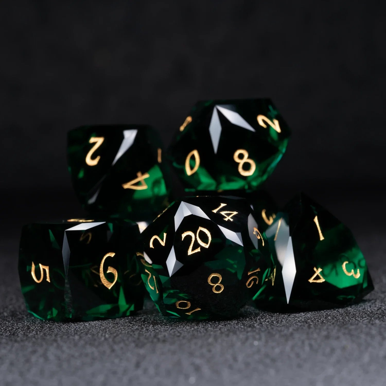 Deep Green Multi-faceted Prism Glass Engraved Dice Set